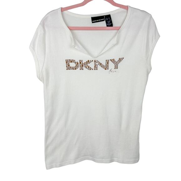 Y2K Bedazzled Top DKNY Top Embellished Short Sleeve T-Shirt - Picture 1 of 4